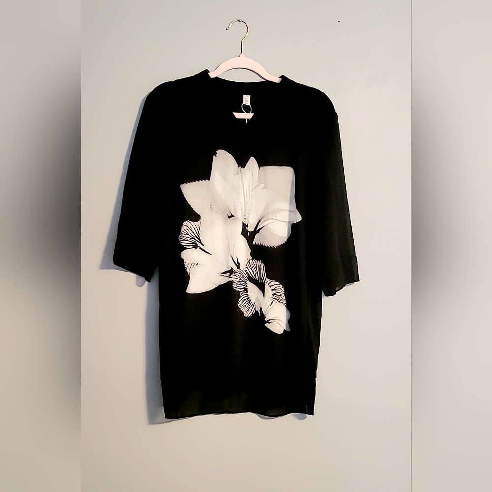 Chic Black Shirt, White Floral Pattern. Comfortable Chiffon.